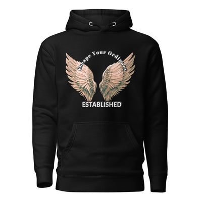 Angel Wings Premium Hoodie with stylish wings graphic and 'ESTABLISHED' text on a black background.