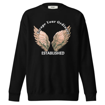 Angel Wings Premium Sweatshirt featuring artistic angel wings design on a black background.